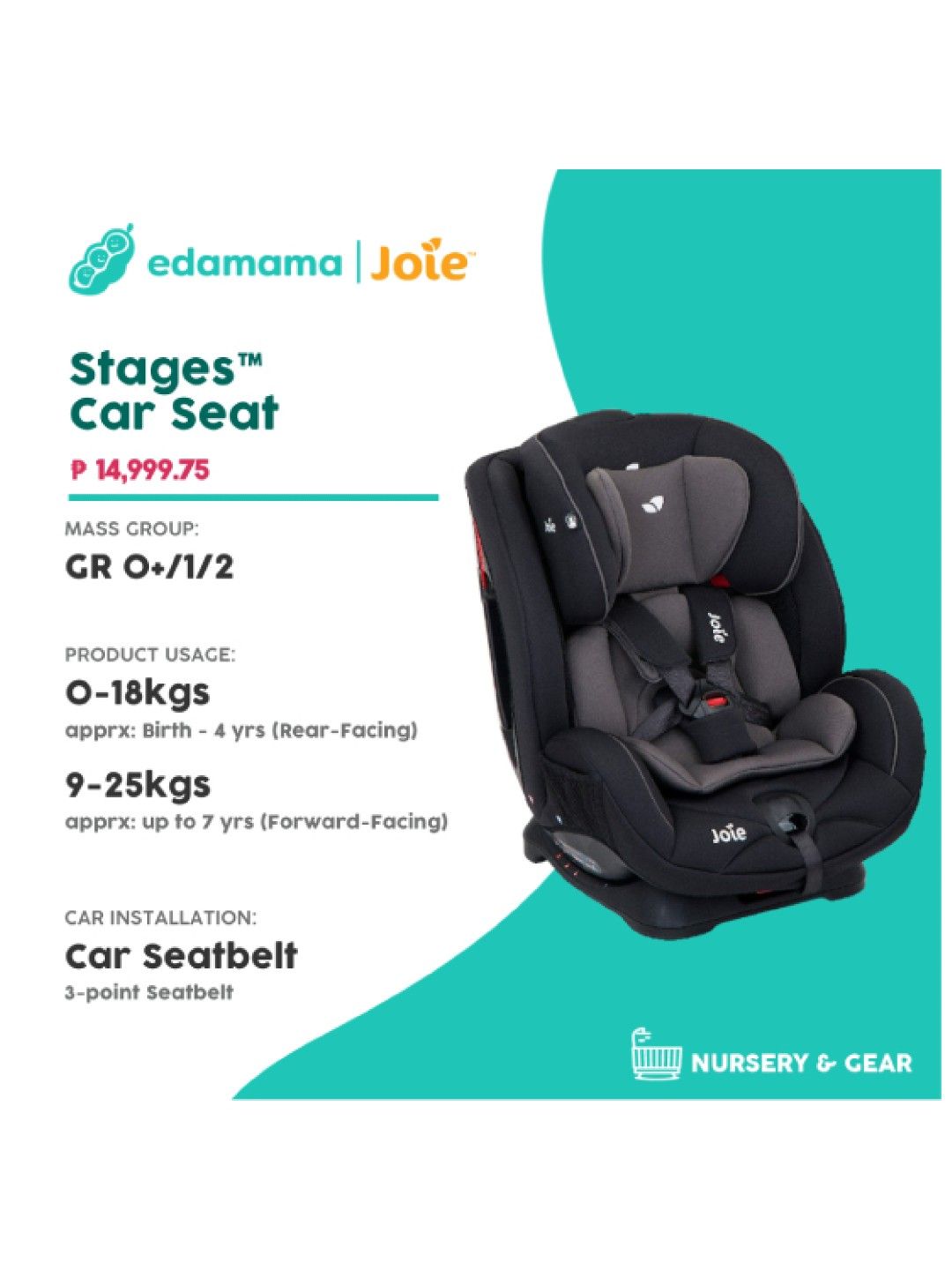 Joie Stages Car Seat Group 0+/1/2 (Coal- Image 2)