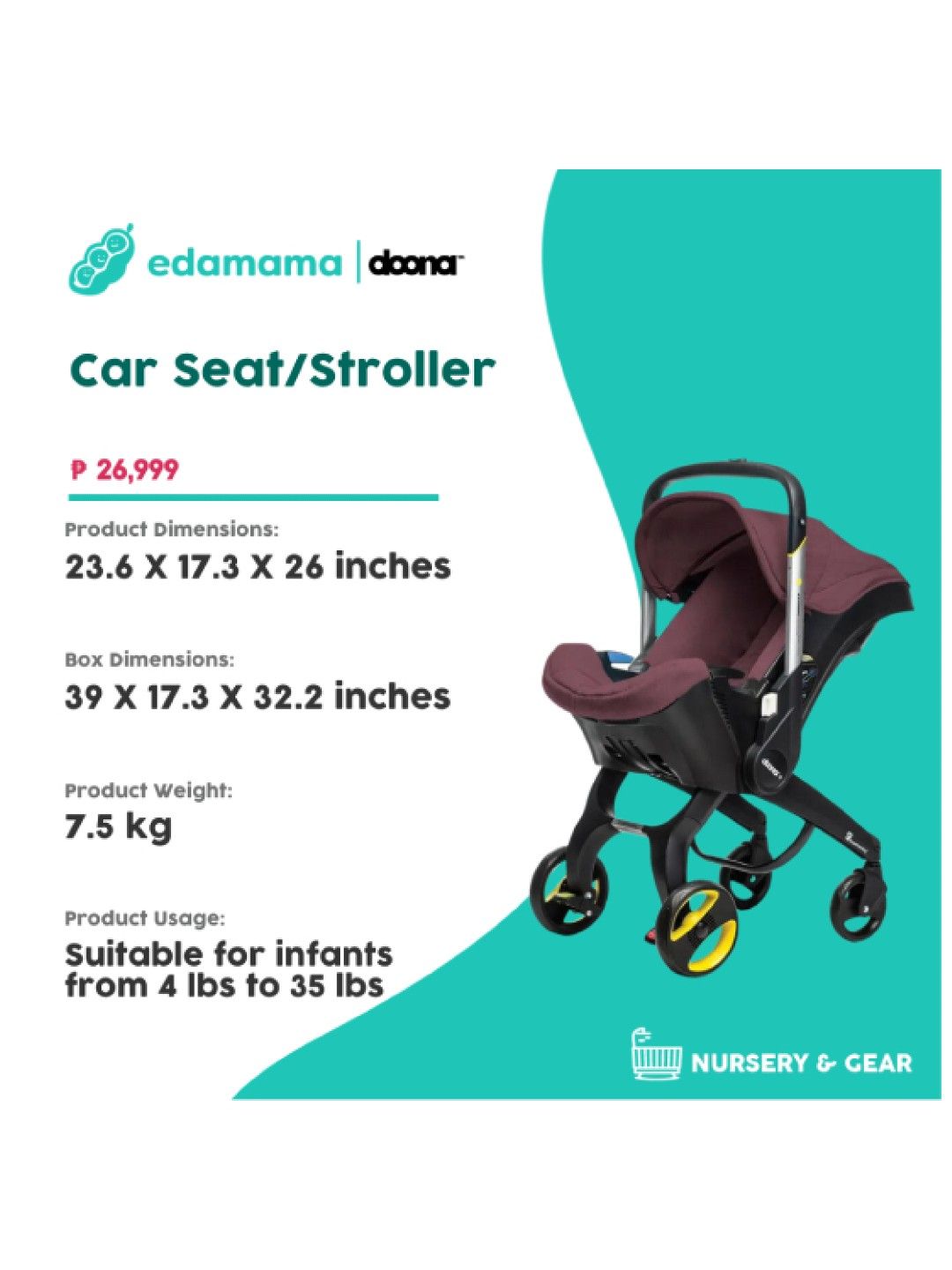 Doona Car Seat/Stroller (Burgundy- Image 2)