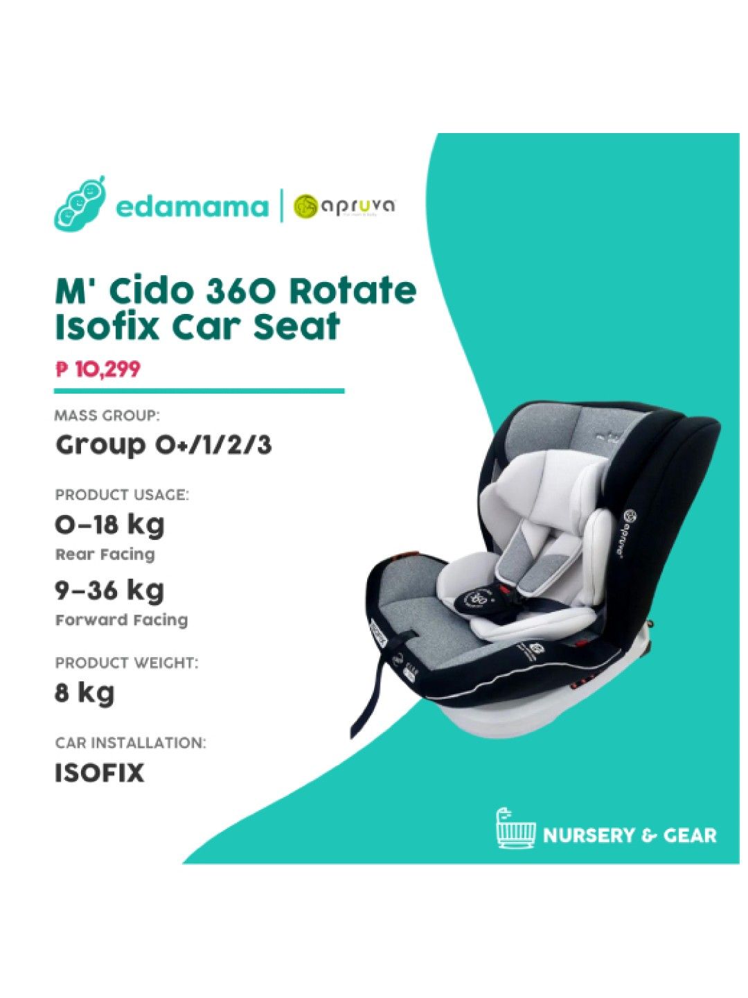 Apruva M' Cido 360 Rotate Isofix Car Seat (Gray- Image 2)