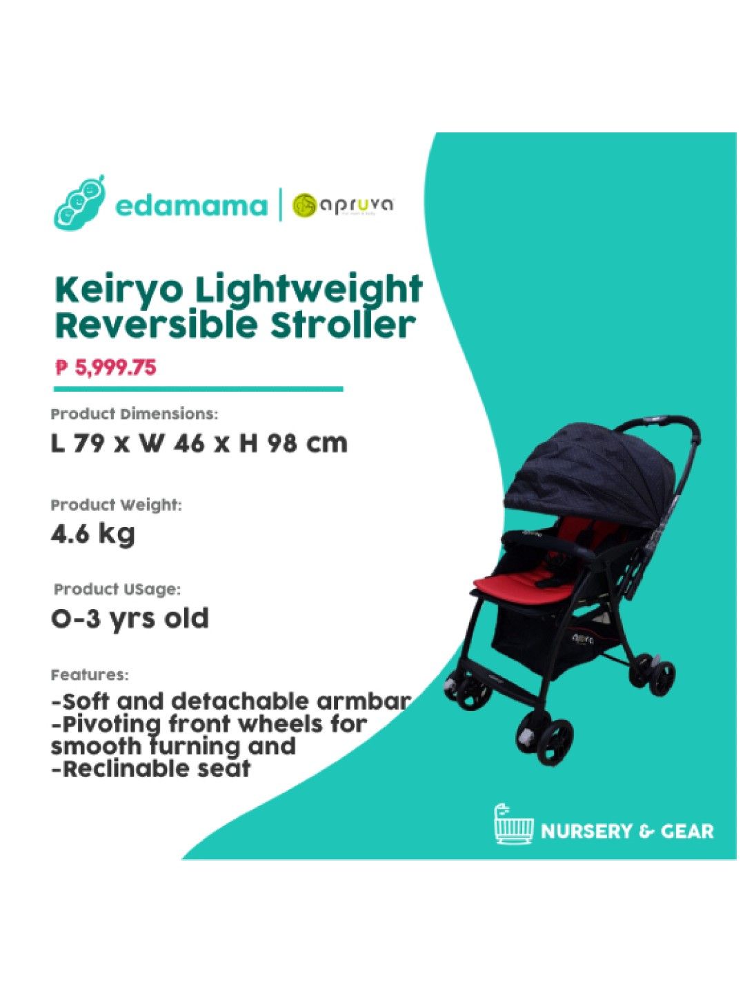 Apruva Keiryo Lightweight Reversible Stroller (Black/Red- Image 2)