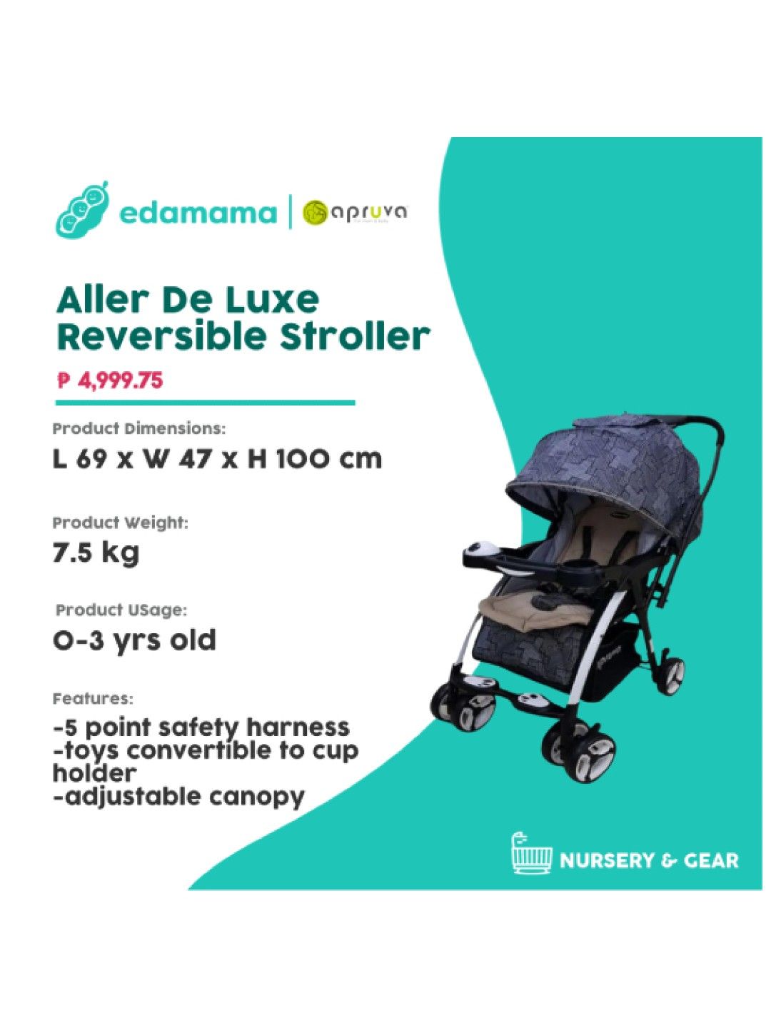 Apruva Aller De Luxe Reversible Stroller - Grey/Black (Black- Image 2)