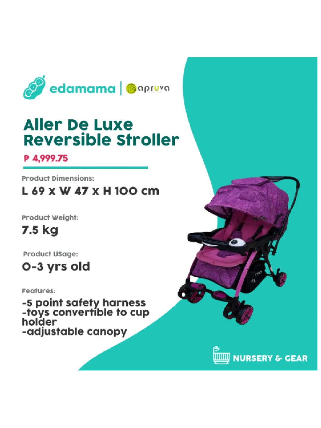 Apruva Aller De Luxe Reversible Stroller (Purple- Image 2)