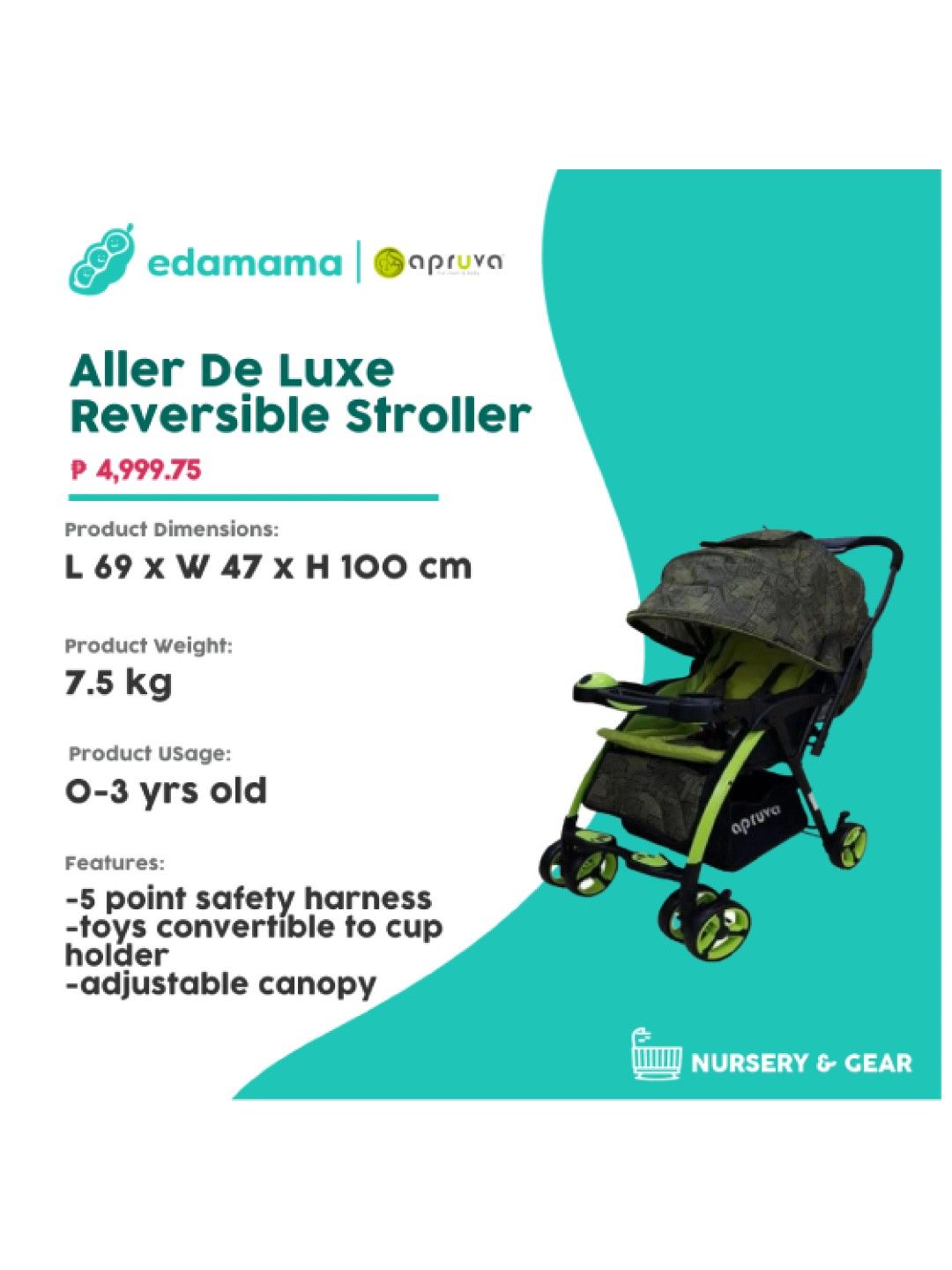 Apruva Aller De Luxe Reversible Stroller (Green- Image 2)