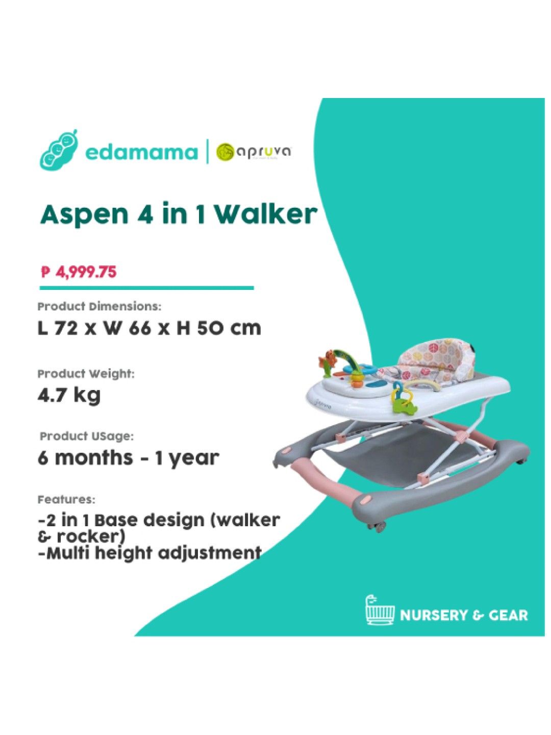 Apruva Apruva Aspen 4 in 1 Walker - Pink (Peach- Image 2)