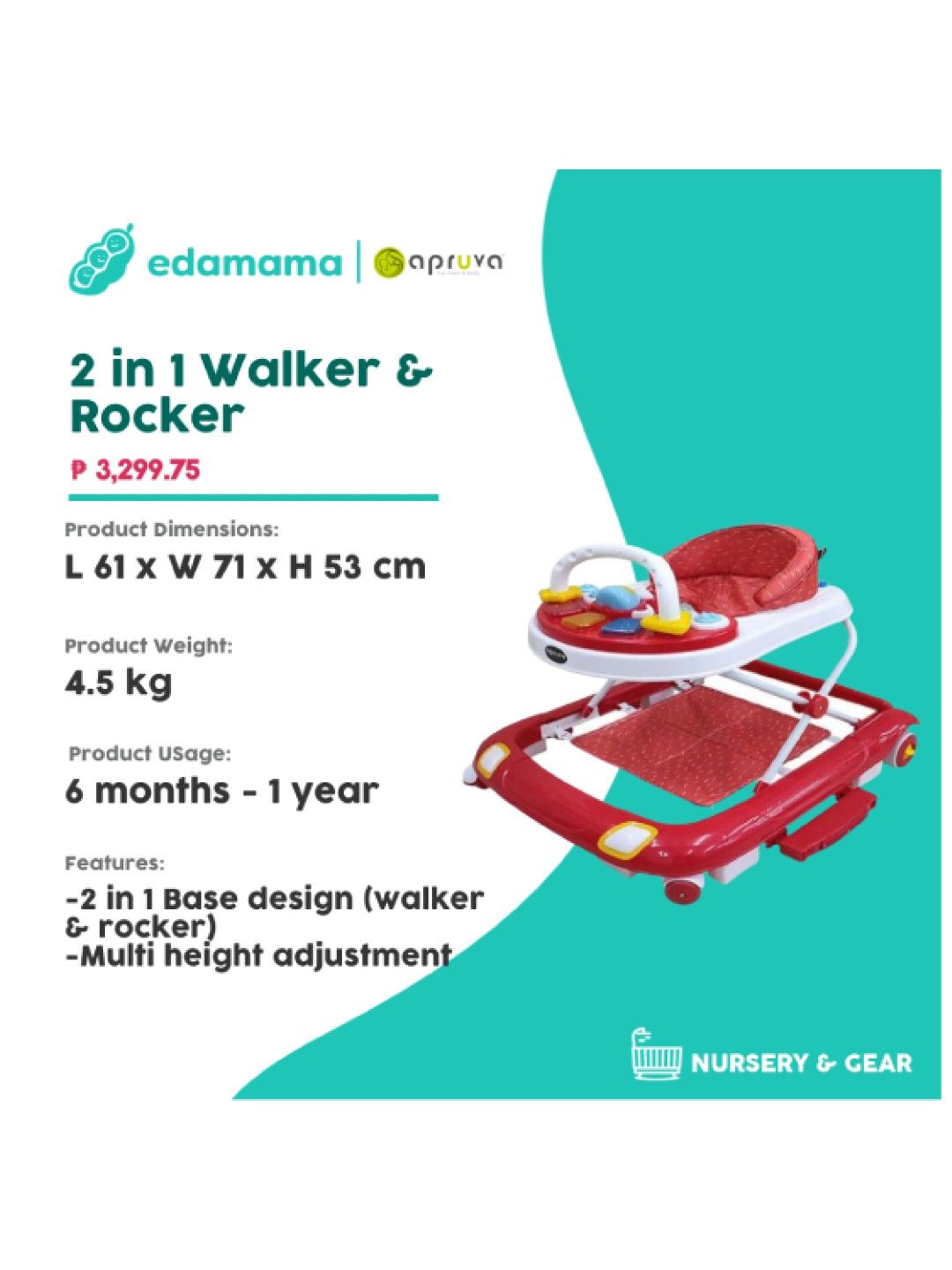 Apruva WG-3000 2 in 1 Walker & Rocker (Red- Image 2)