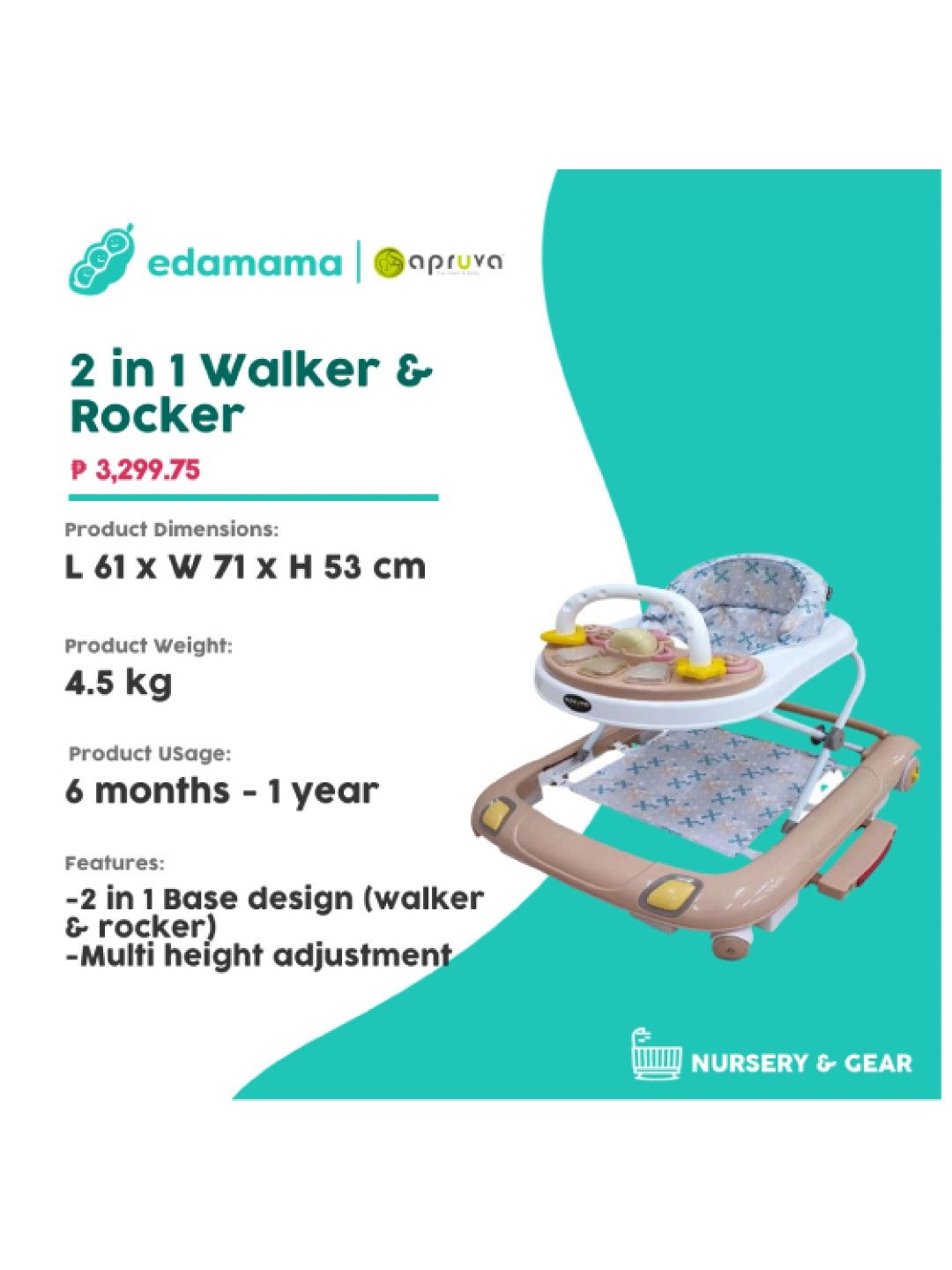 Apruva WG-3000 2 in 1 Walker & Rocker (Beige- Image 2)