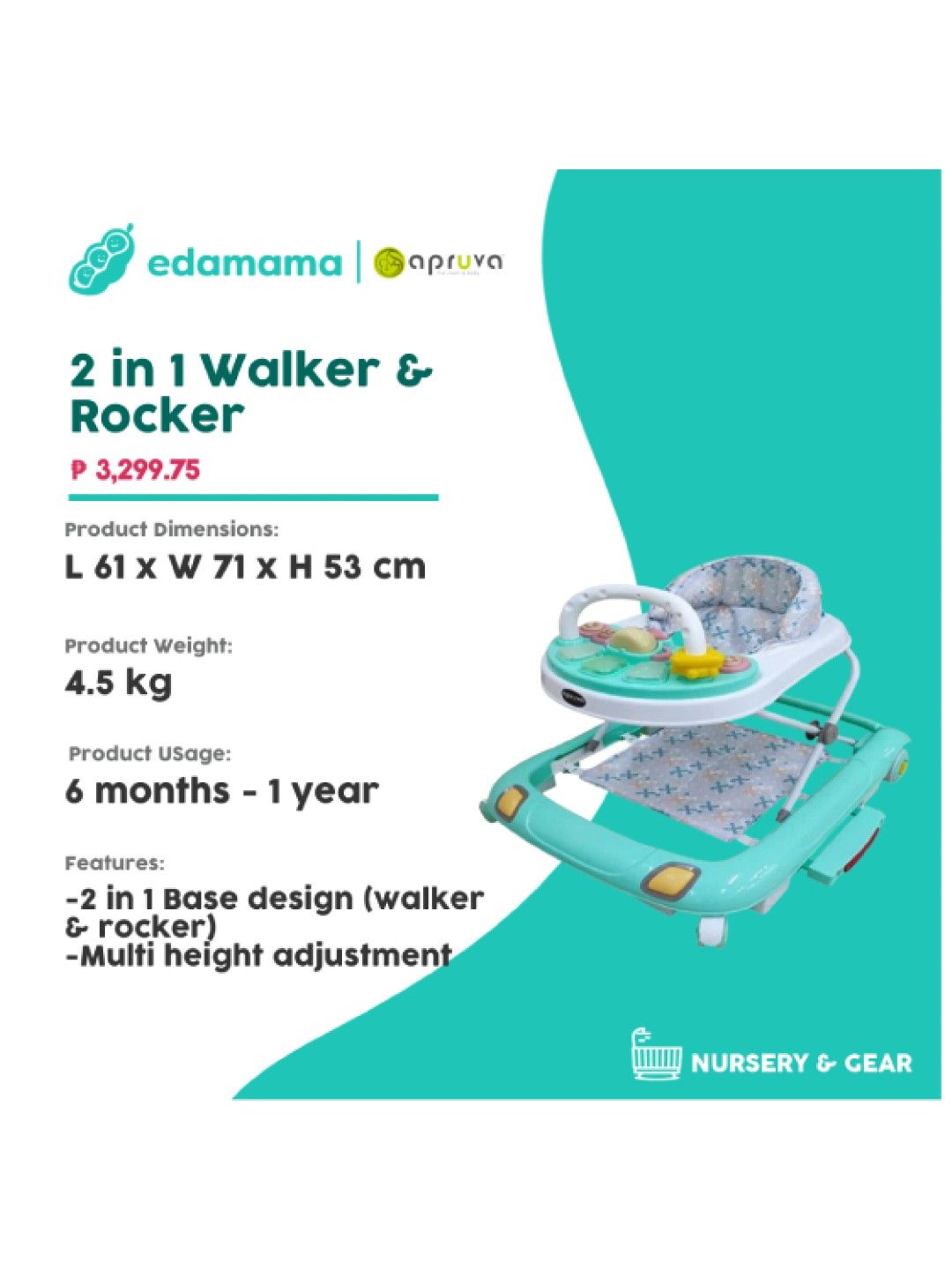 Apruva WG-3000 2 in 1 Walker & Rocker (Mint Green- Image 2)