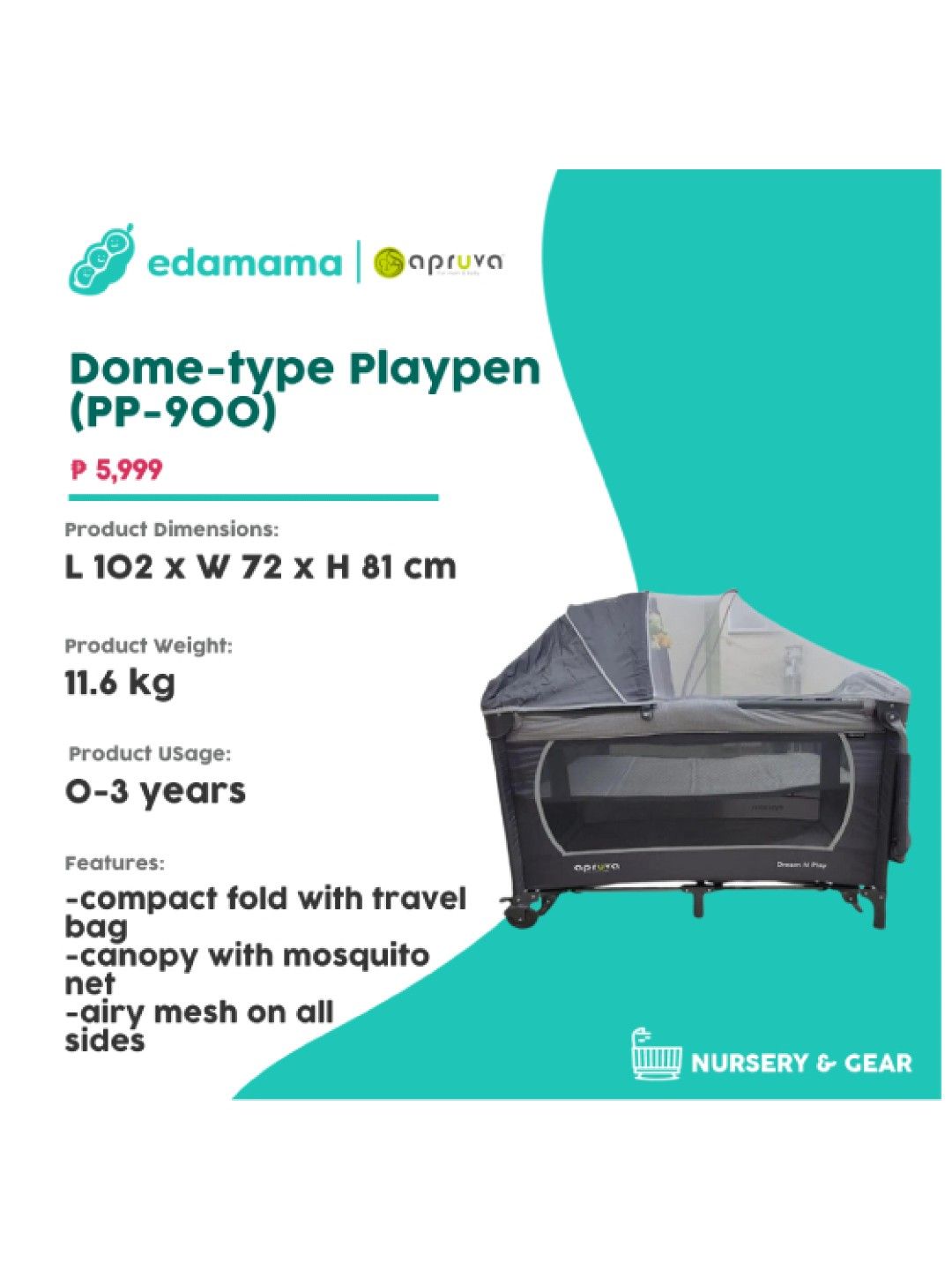 Apruva PP-900 Dome-type Playpen (Gray- Image 2)