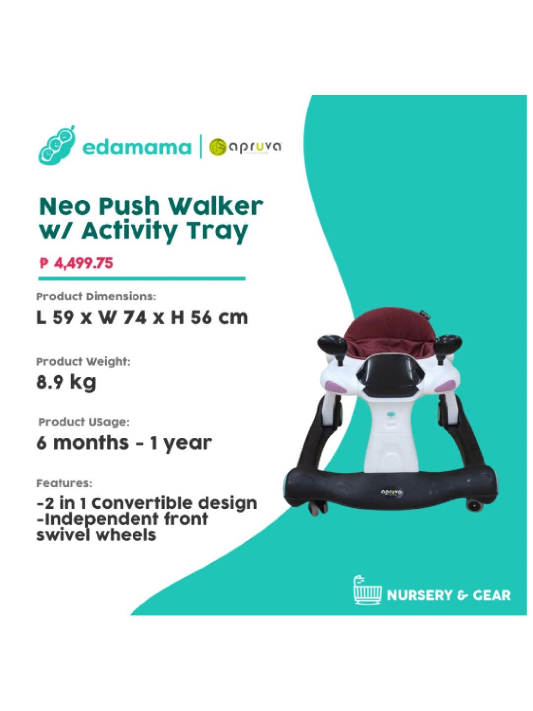 Apruva Neo Push Walker w/ Activity Tray (Black- Image 2)