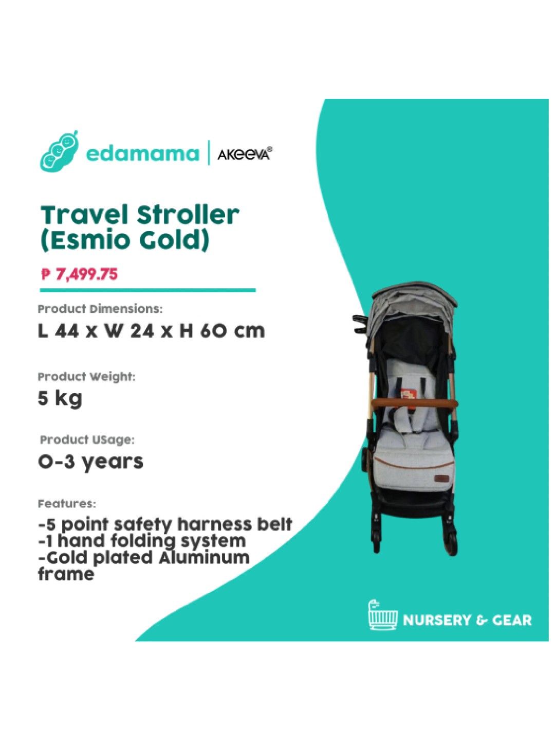 Akeeva Travel Stroller (Esmio Gold) (Beige- Image 2)