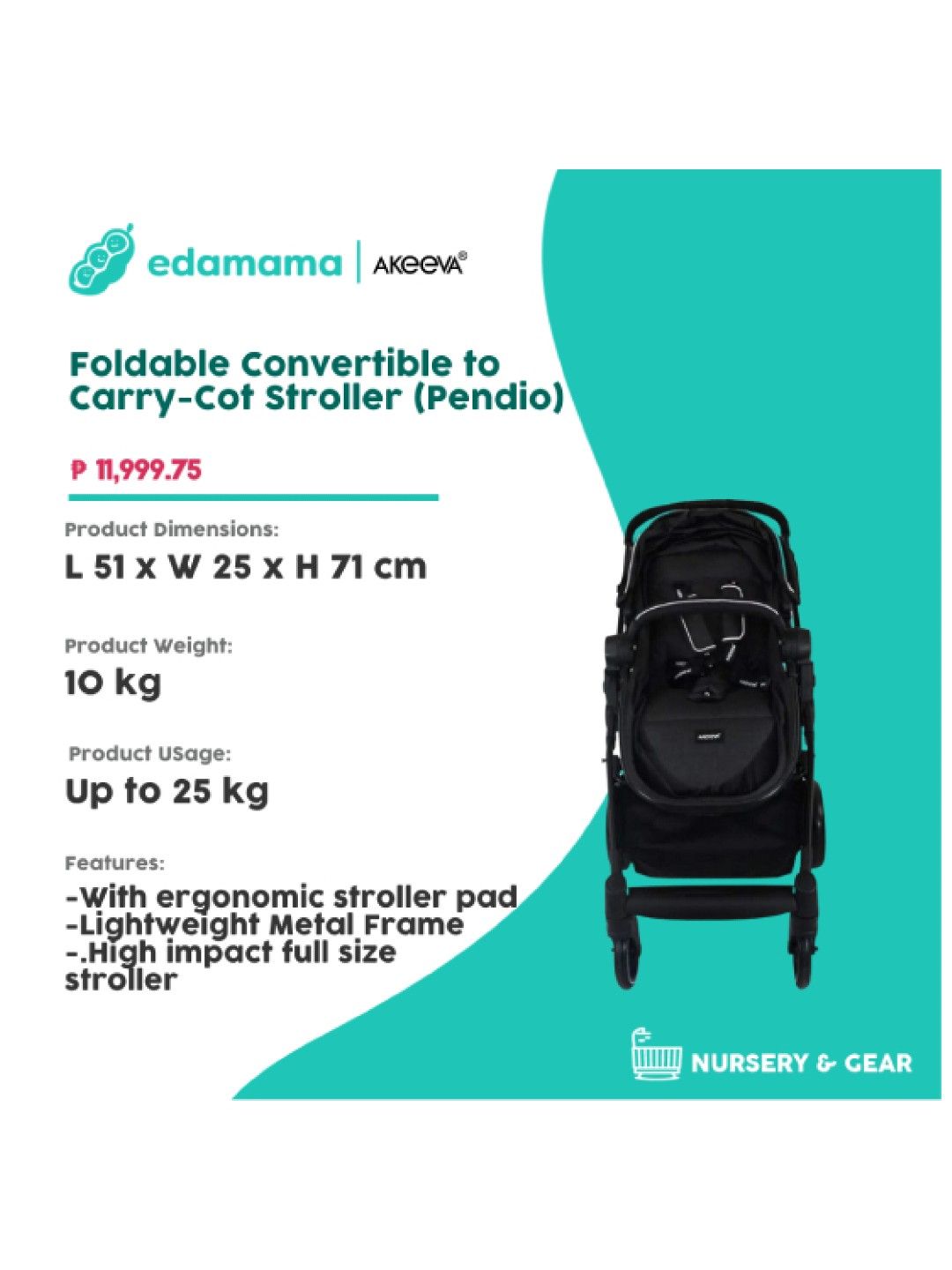 Akeeva Foldable Convertible To Carry-Cot Stroller (Pendio) (Black- Image 2)