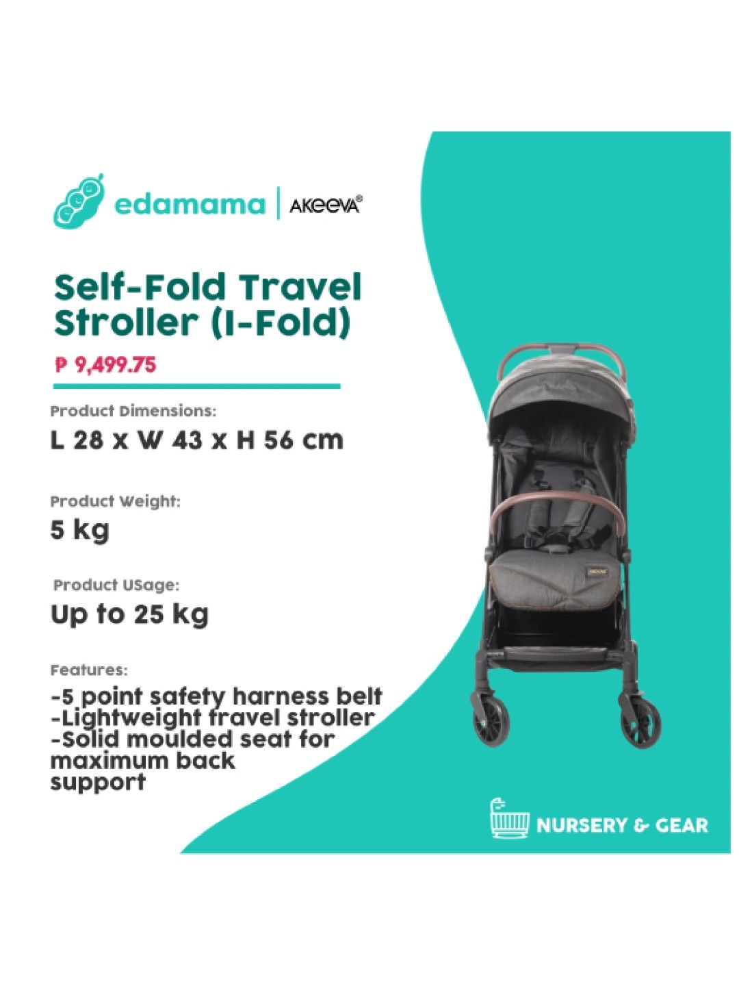 Akeeva Self-Fold Travel Stroller (I-Fold) (Black- Image 2)