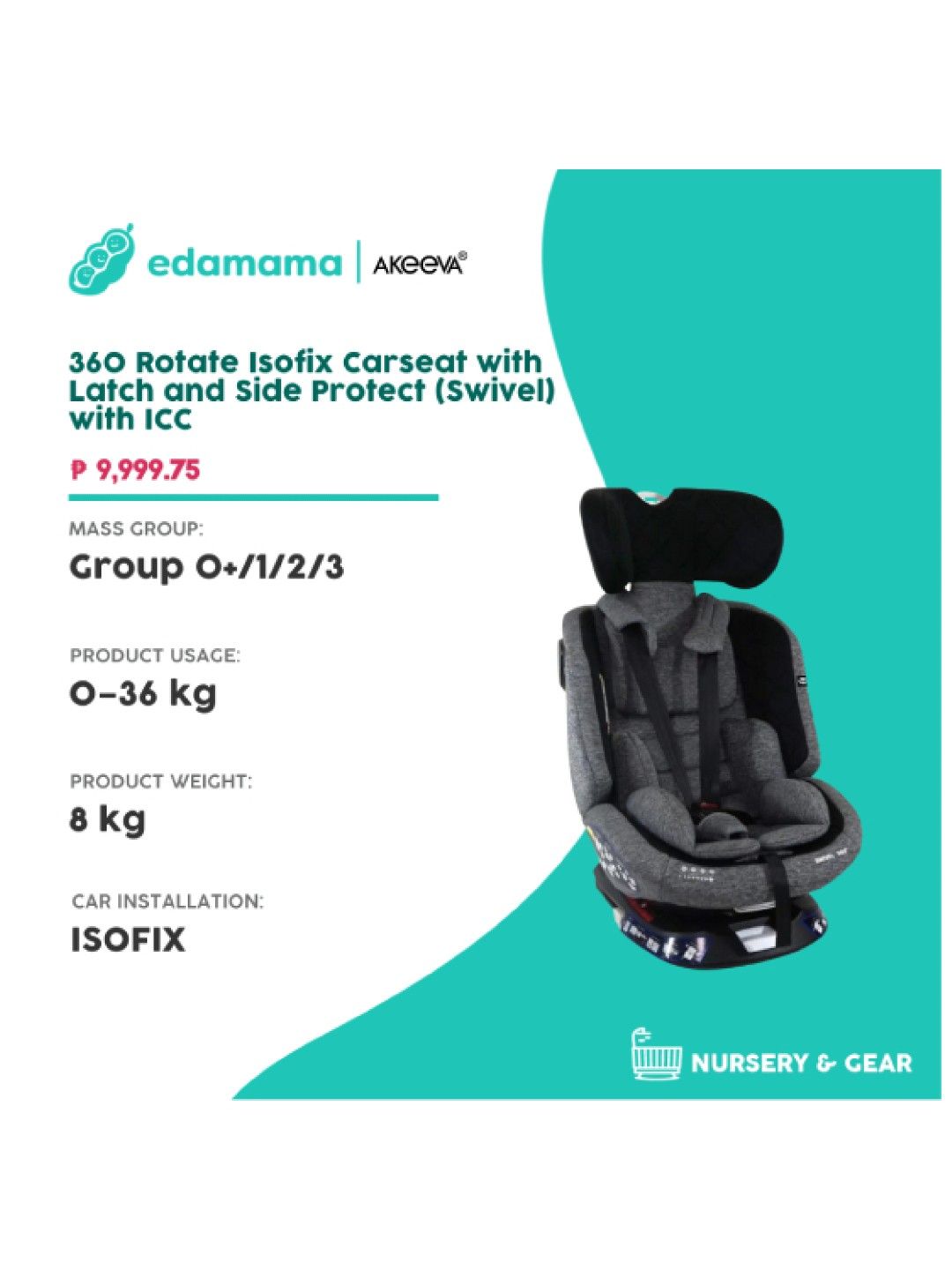 Akeeva 360 Rotate Isofix Carseat w/ Latch and Side Protect (Swivel) w/ ICC - Grey (Grey- Image 2)