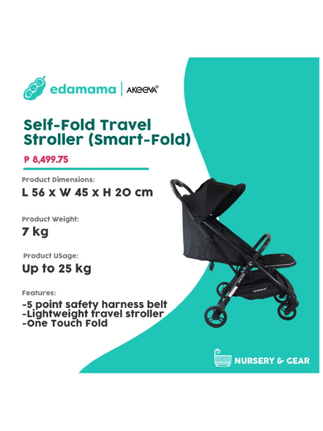 Akeeva Self-Fold Travel Stroller (Smart-Fold) (Black- Image 2)