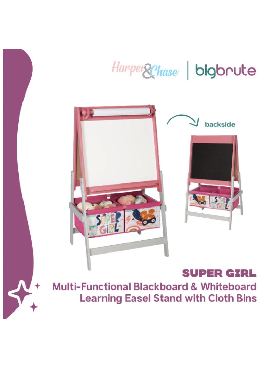 Harper & Chase Multi-Functional Blackboard & Whiteboard Learning Easel Stand with Cloth Bins (Super Girl- Image 2)