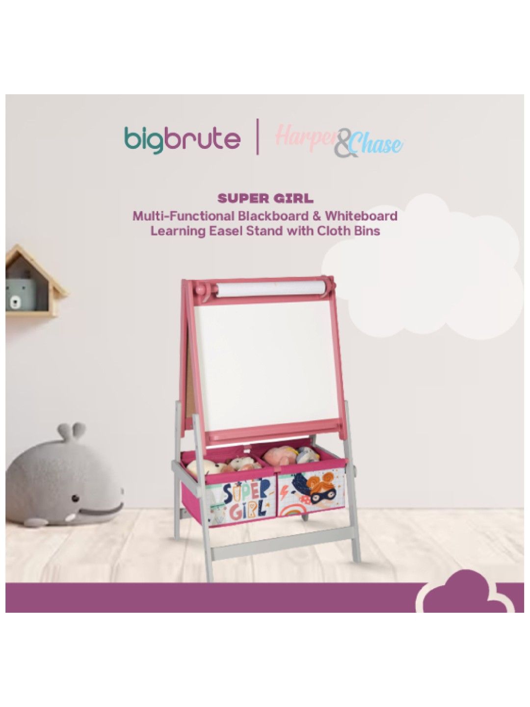 Harper & Chase Multi-Functional Blackboard & Whiteboard Learning Easel Stand with Cloth Bins (Super Girl- Image 3)