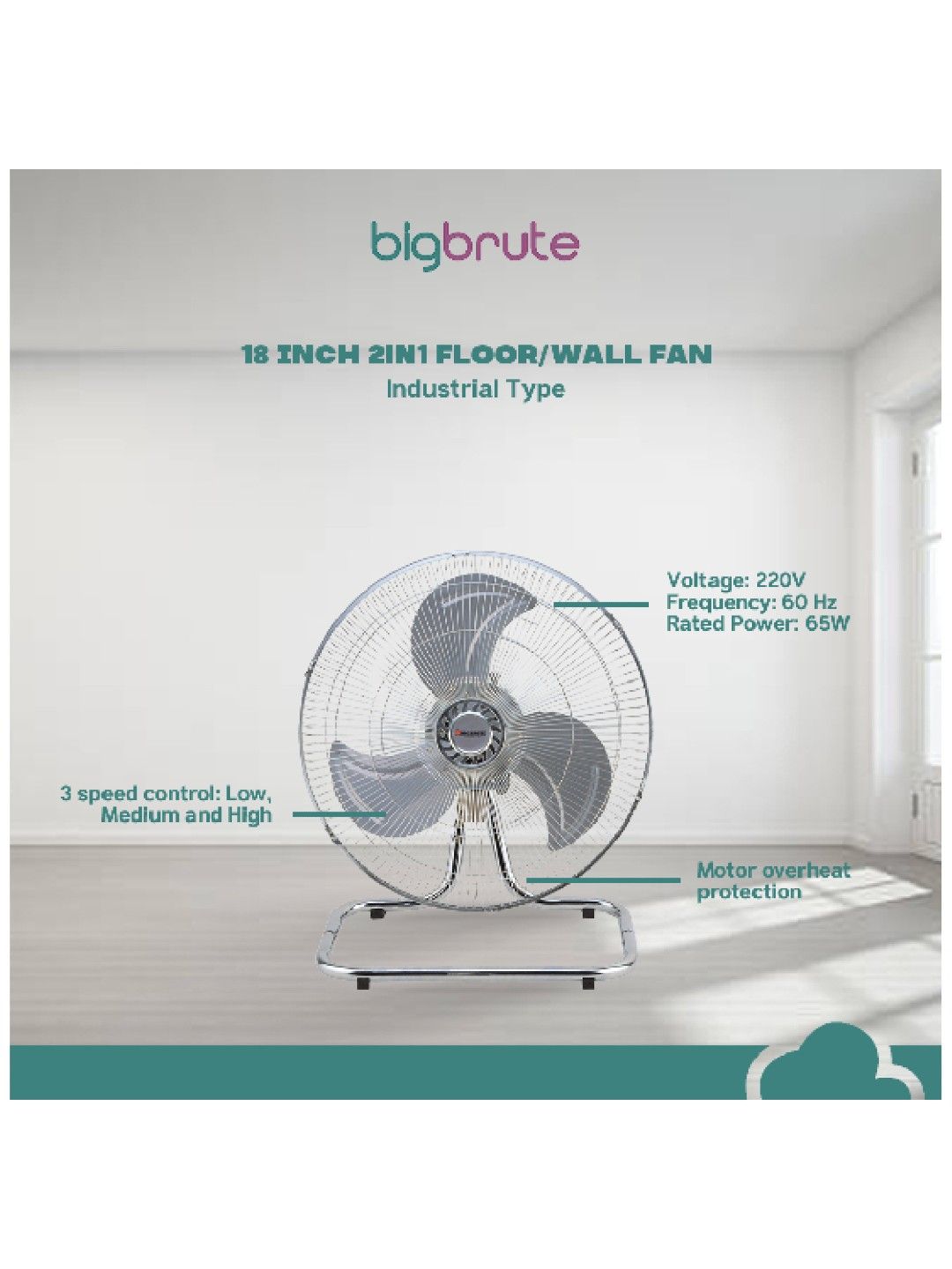 Big Brute Industrial Type 2IN1 Floor/Wall Fan (18in) (No Color- Image 3)