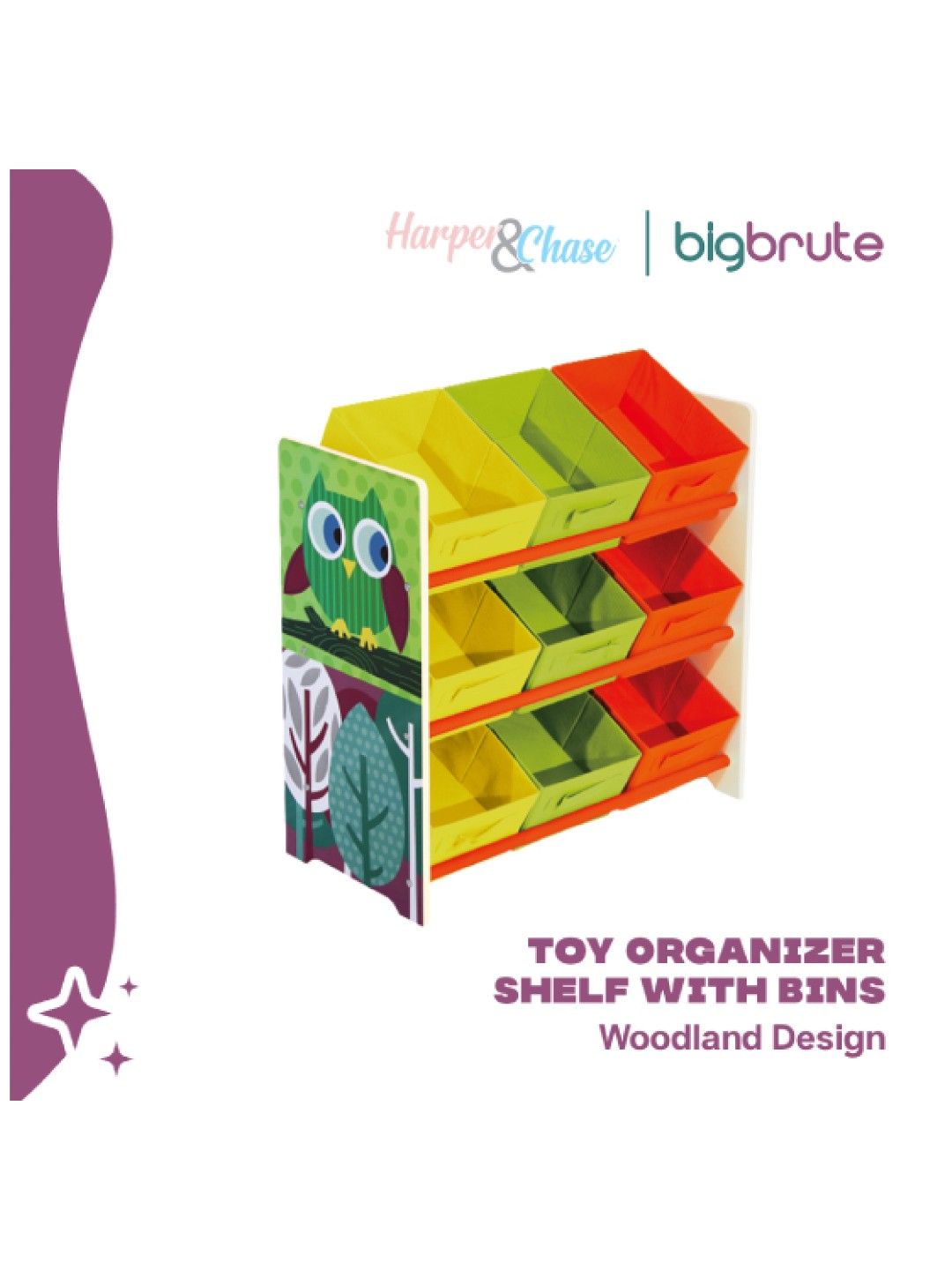 Harper & Chase Toy Organizer Shelf with Bins (Woodland Design) (No Color- Image 3)