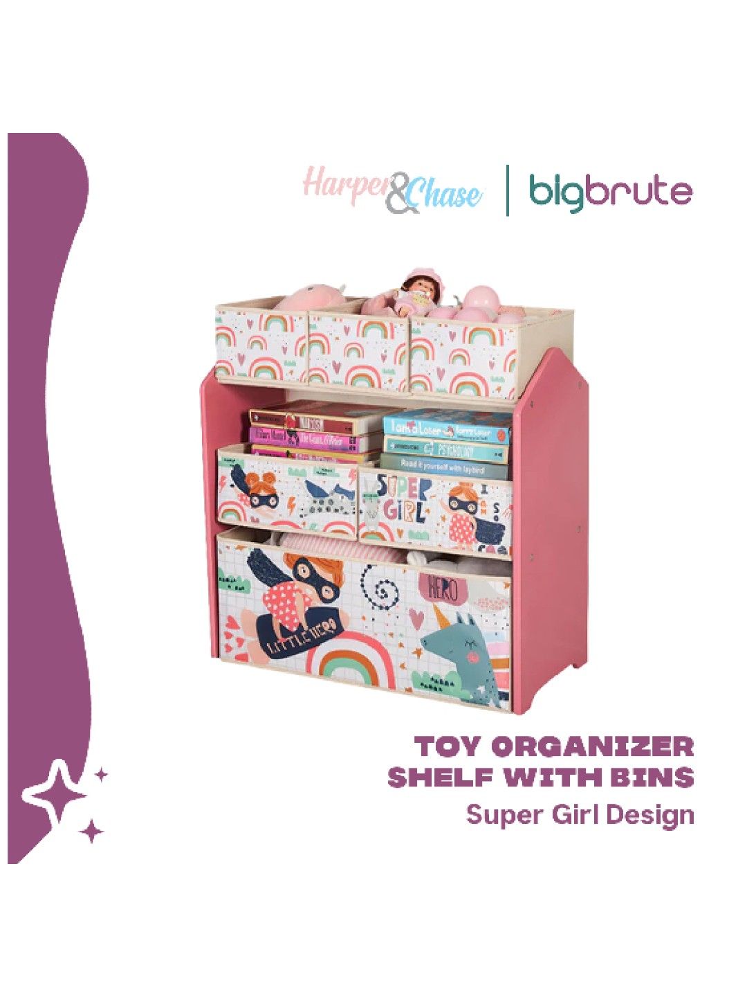 Harper & Chase Toy Organizer Shelf with Bins (Super Girl Design) (No Color- Image 3)