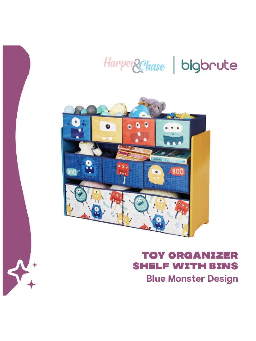 Harper & Chase Toy Organizer Shelf with Bins (Blue Monster Design) (No Color- Image 3)