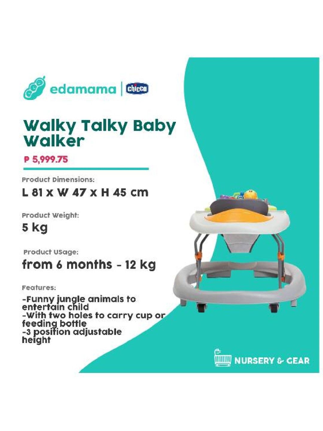 Chicco Walky Talky Baby Walker (Grey- Image 2)