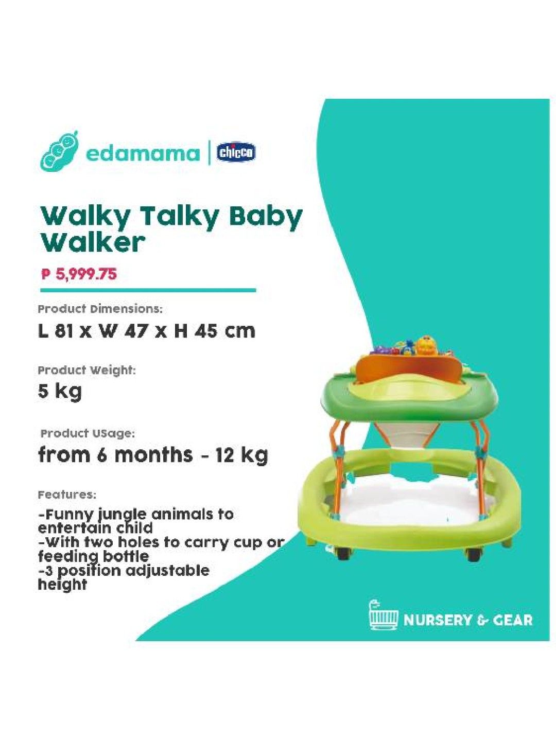 Chicco Walky Talky Baby Walker (Green Wave- Image 2)