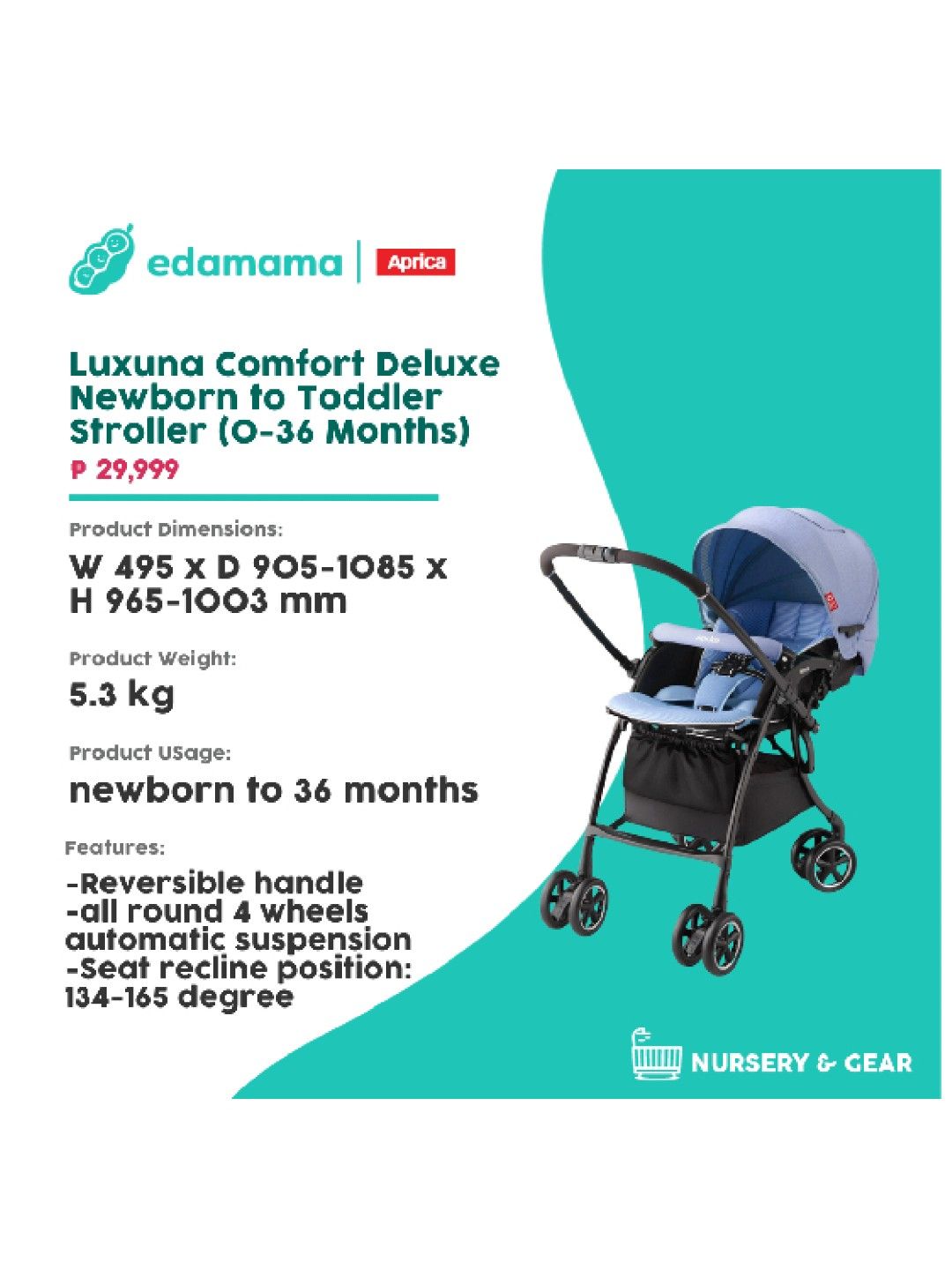 Aprica Luxuna Comfort Deluxe Newborn to Toddler Stroller (0-36 Months) (Blue- Image 2)