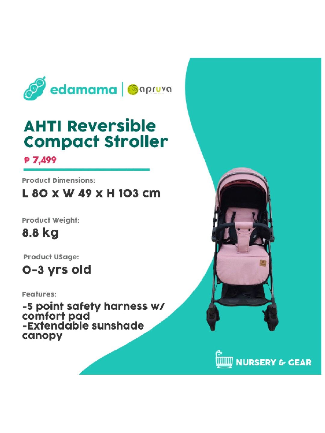 Apruva AHTI Reversible Compact Stroller (Pink- Image 2)