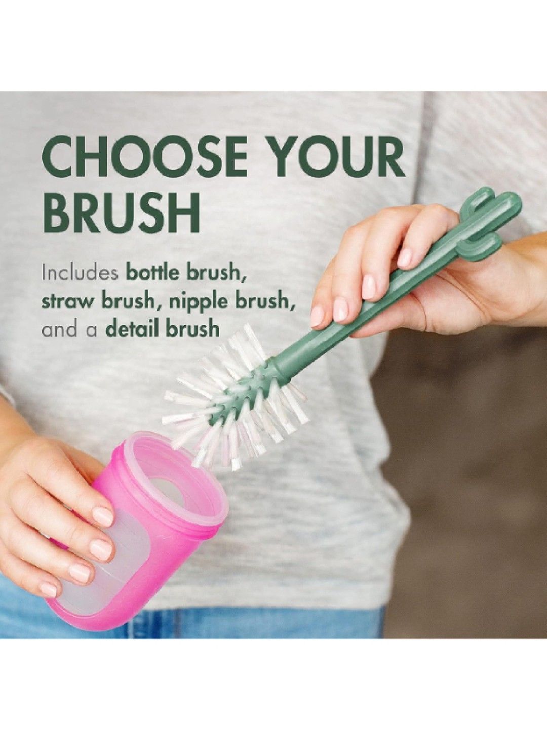 BOON CACTI Bottle Cleaning System - Set of 4 brushes with vase (Brown/Dark Green) (No Color- Image 3)