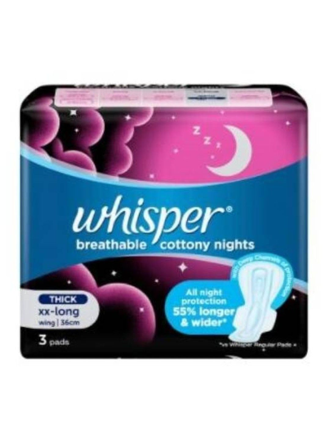 Whisper Cottony Clean XX-Long Overnight Wings Sanitary Napkins 2-Pack (3pcs) (No Color- Image 1)