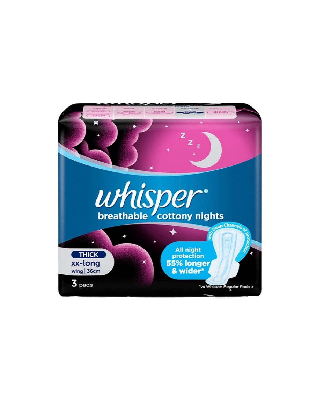 Whisper Cottony Clean XX-Long Overnight Wings Sanitary Napkins (3pcs) (No Color- Image 1)