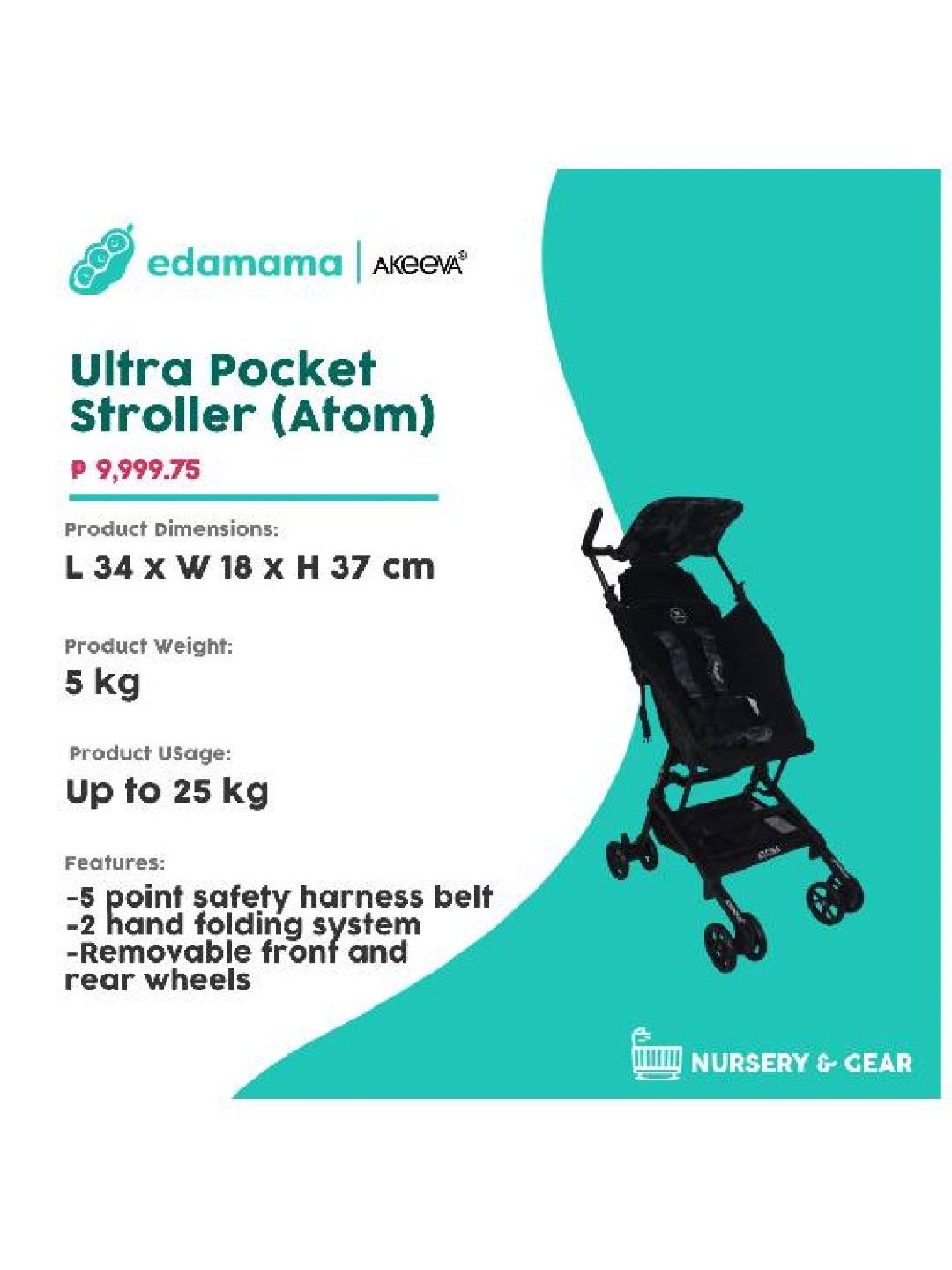 Akeeva Ultra Pocket Stroller Atom (Black) (Black- Image 2)