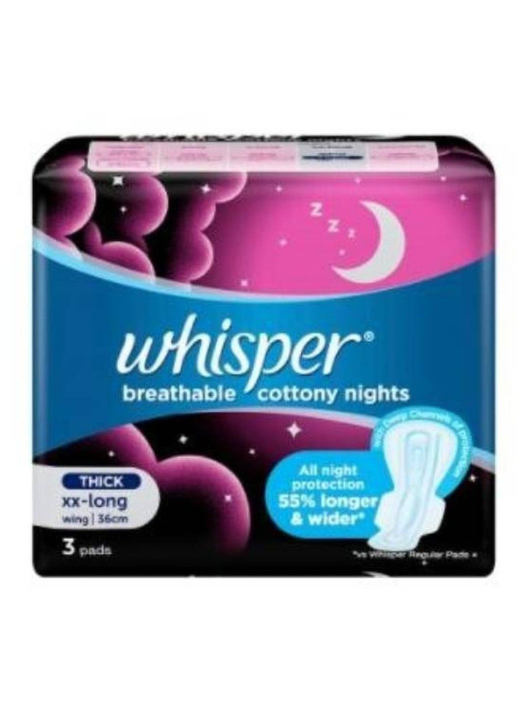 Whisper Cottony Clean XX-Long Overnight Wings Sanitary Napkins 2-Pack (3pcs)