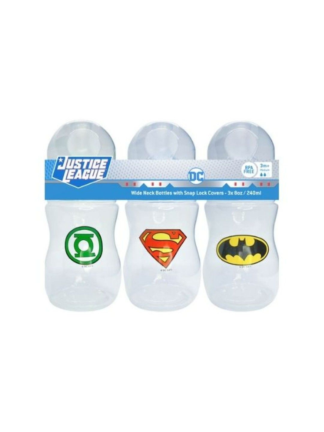 Justice League Wide Neck Bottles with Snap Lock Covers Set of 3 (8oz) (Boy- Image 2)