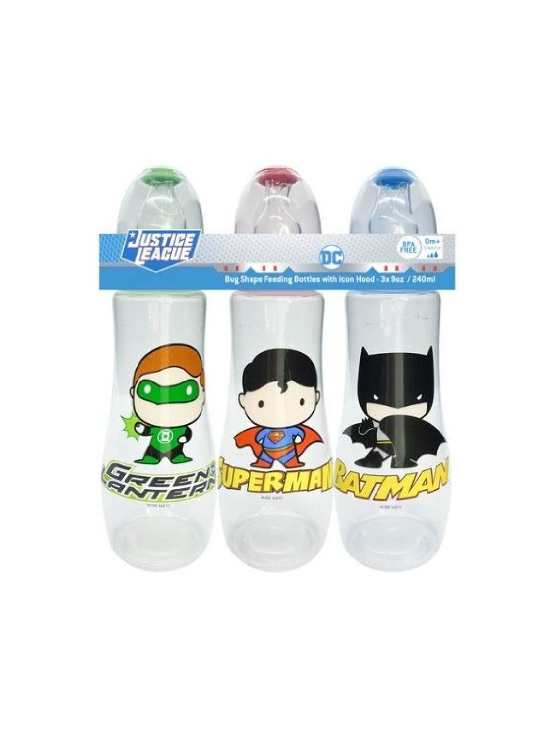 Justice League Bug Shape Feeding Bottles with Icon Hood Set of 3 (9oz) (Boy- Image 1)