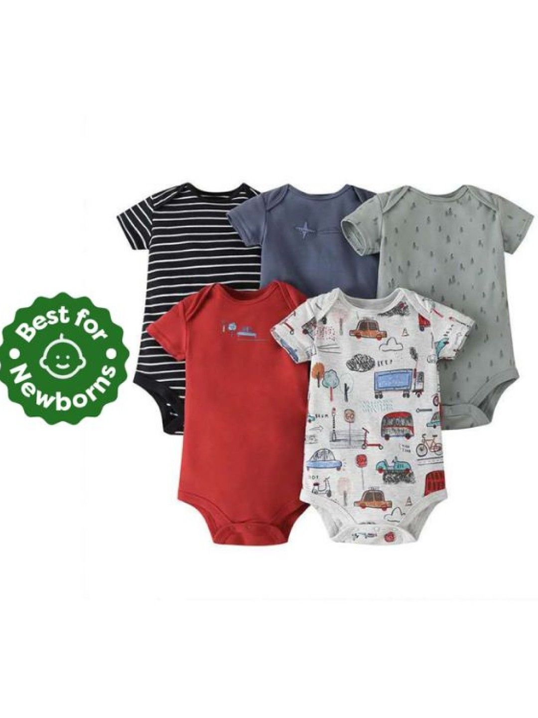 Cottonkind 5-Piece Set Babyboy Solid/Printed Shortsleeve Onesies (Cars- Image 1)