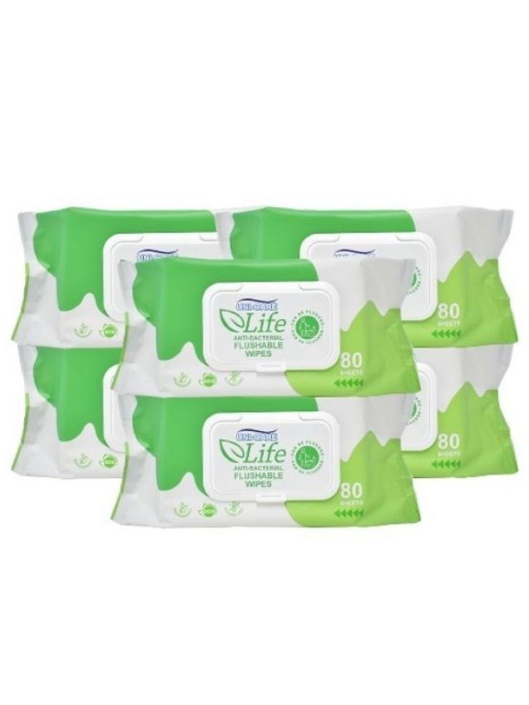 Uni-care Life Anti-Bacterial Flushable Wipes 80's (6-Pack)