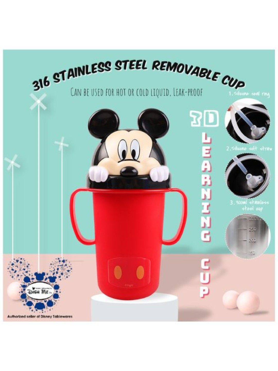 Dish Me PH Disney Mickey Mouse - 3D Stainless Learning Sippy Cup with strap (300ml) (No Color- Image 3)