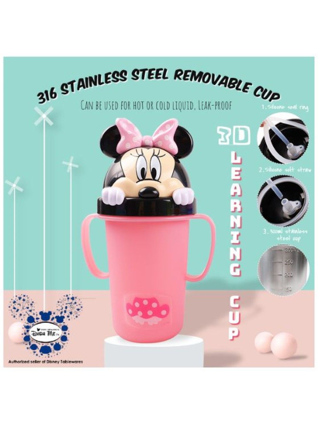 Dish Me PH Disney Minie Mouse - 3D Stainless Learning Sippy Cup with strap (300ml) (No Color- Image 3)