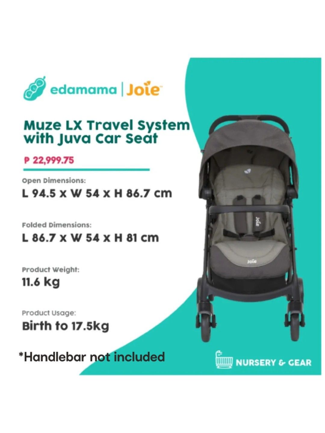 Joie Muze LX Travel System with Juva Car Seat - Dark Pewter (No Color- Image 4)