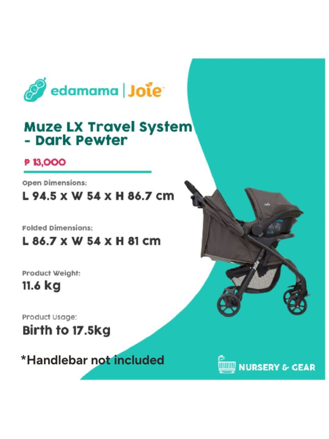 Joie Muze LX Travel System - Dark Pewter (Stroller with Car Seat) (No Color- Image 2)
