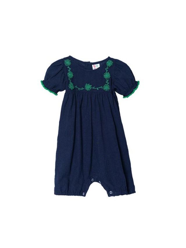 bean Floral Flair Jasmine Pompom Puff Sleeve Embroided Romper with Hat