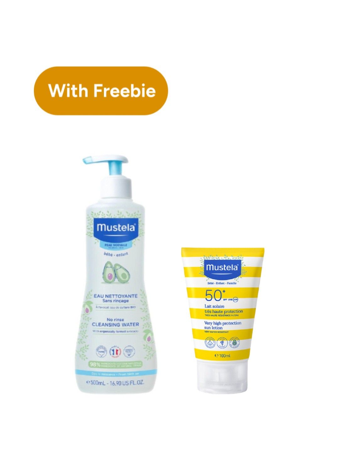 Mustela No Rinse Cleansing Water 500ml with FREE Sun lotion 100ml