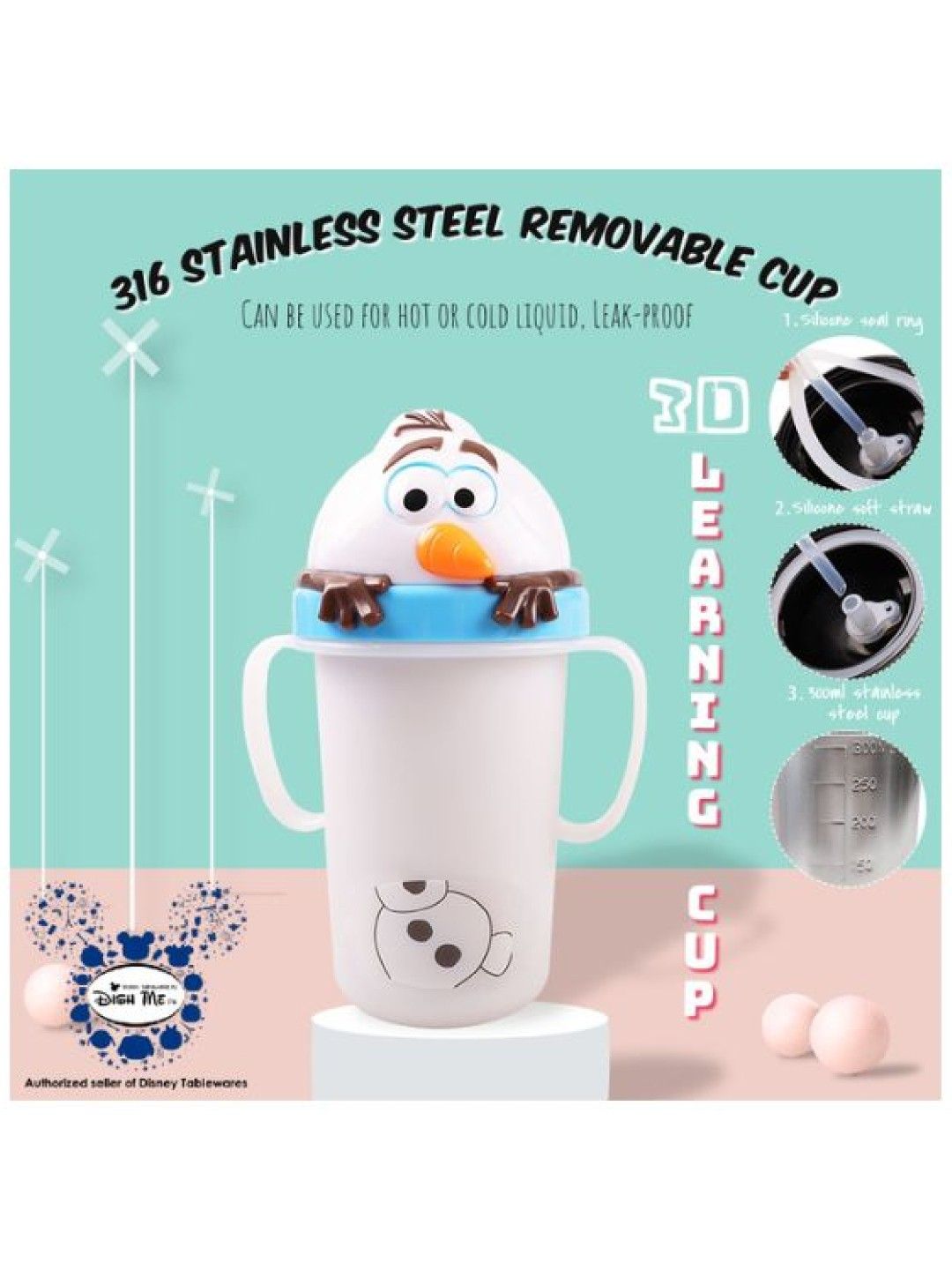 Dish Me PH Disney Olaf - 3D Stainless Learning Sippy Cup with strap (300ml) (No Color- Image 3)