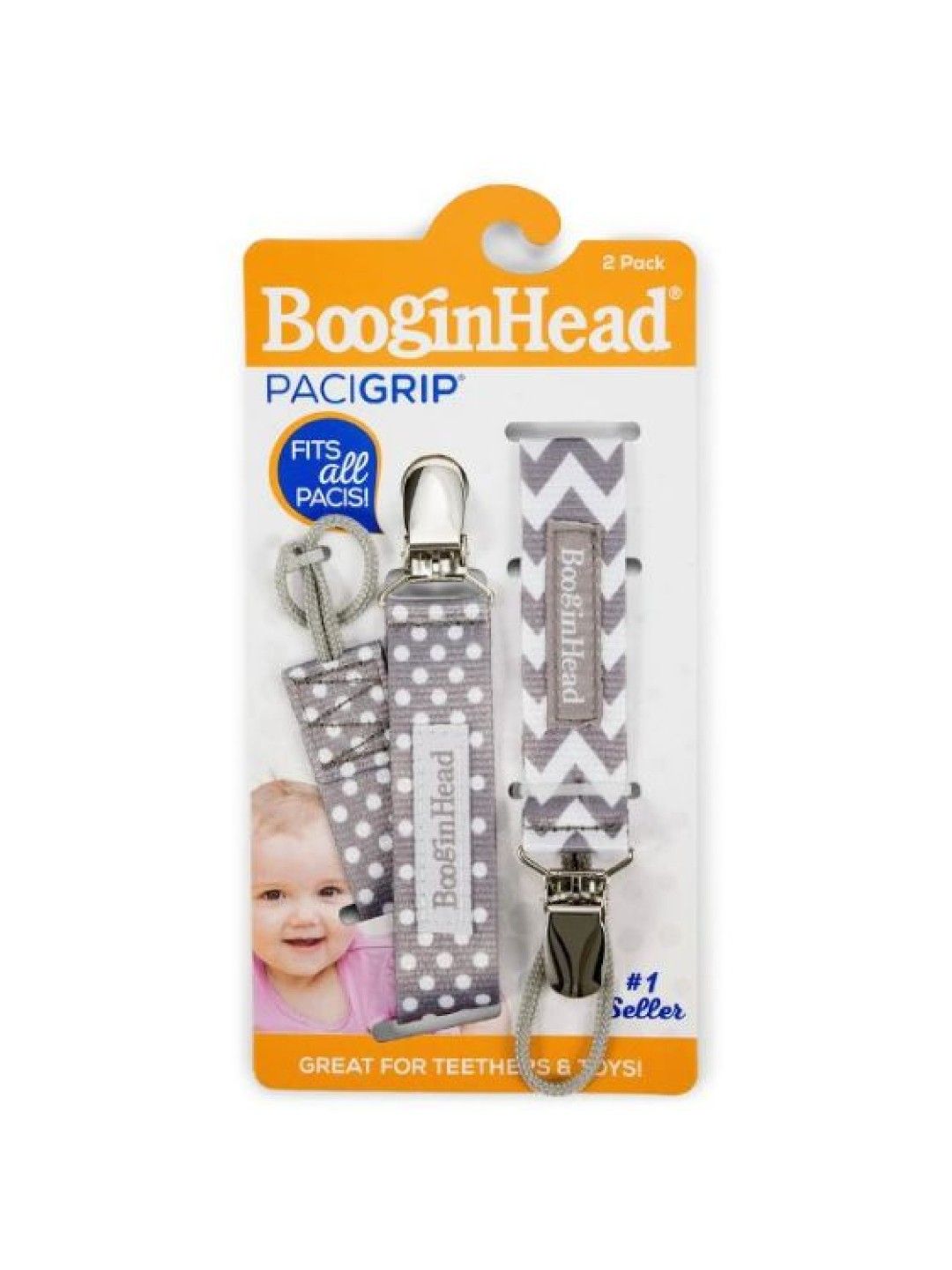 BooginHead PaciGrip Universal Pacifier/Teether Clip  2-Pack (Gray Dots & Chevron- Image 3)
