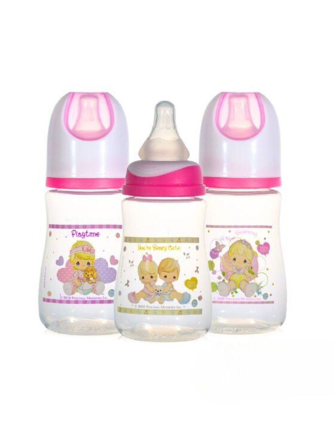 Precious Moments Easy Grip Feeding Bottle with Medium Flow Silicone Nipple Set of 3 (4oz) (Pink- Image 1)