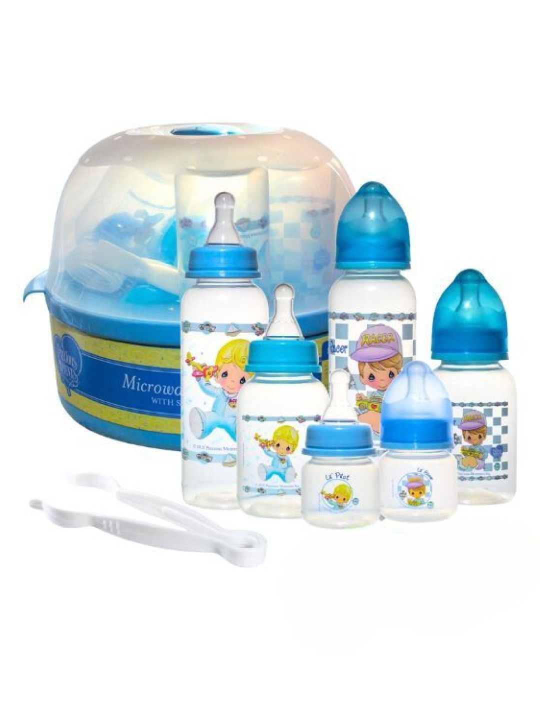 Precious Moments Microwaveable Sterilizer with Feeding Bottles and Tong (Blue- Image 1)