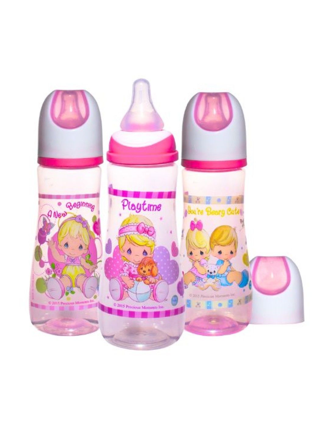Precious Moments 2-Toned Hood Feeding Bottles Set of 3 (8oz) (Pink- Image 1)