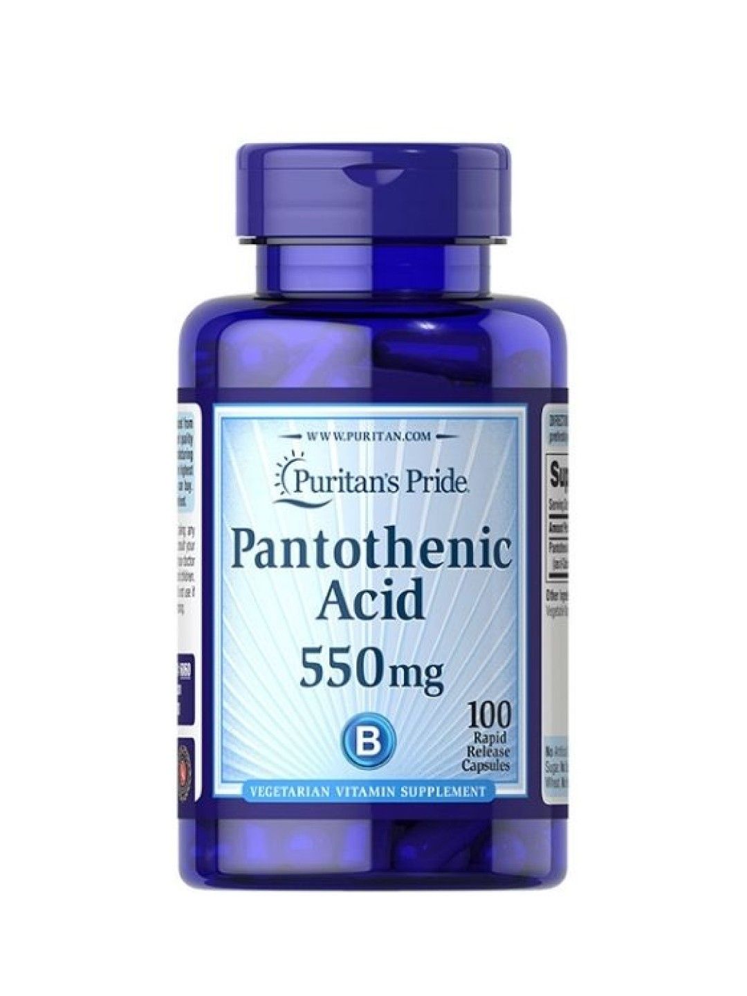 Puritan's Pride Pantothenic Acid 550 mg (100 capsules) (No Color- Image 1)