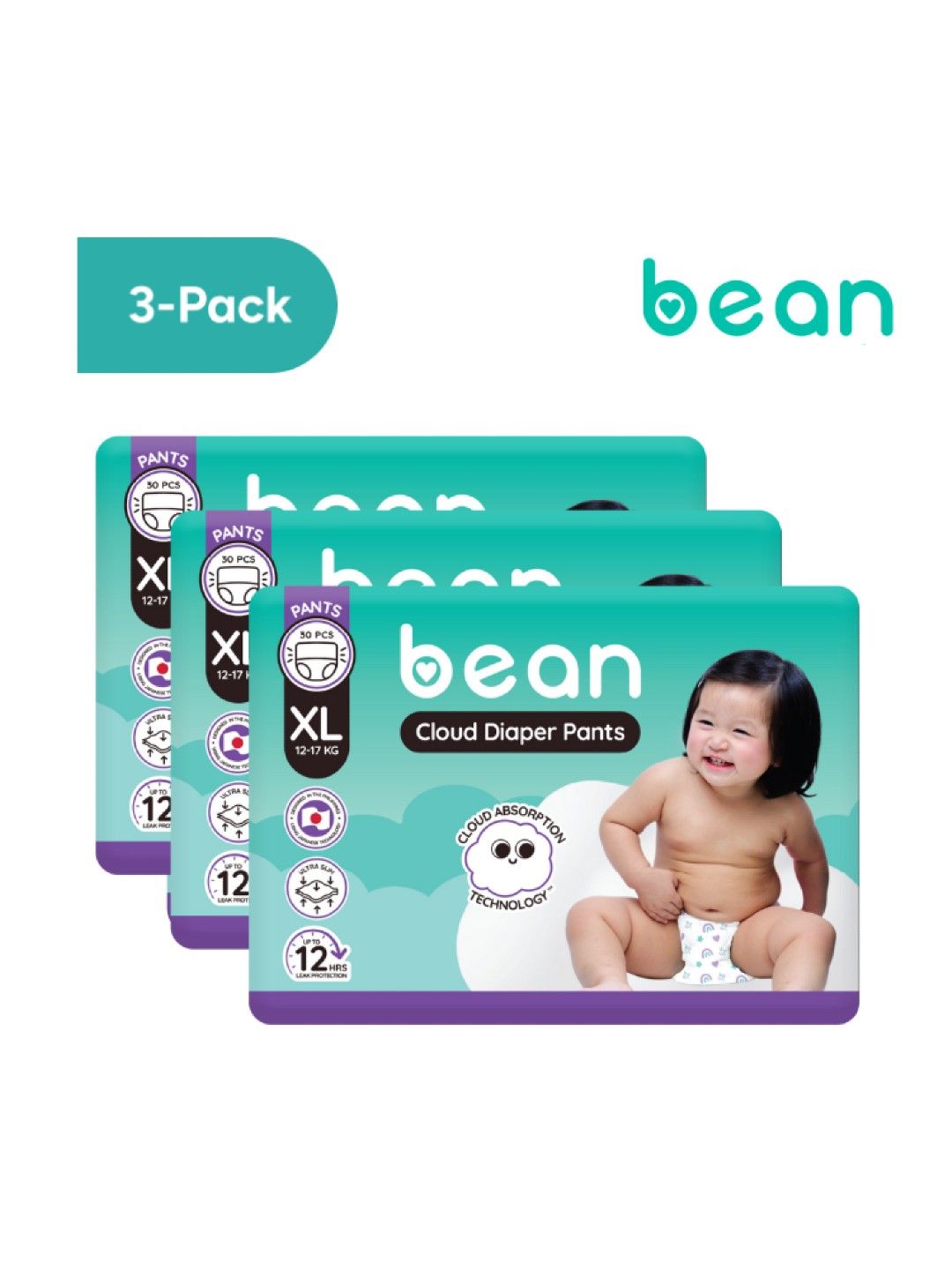 bean [Bundle of 3] Cloud Diapers Pants XL (30s) - 90 pcs